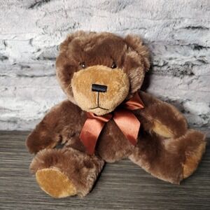 EUC - NAPCO 8" Brown Teddy Bear Plush Stuffed Animal Toy Big Satin Bow